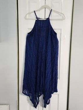 Blue Lace Halter Dress With Hankerchief Hem Size M Crocchet Lace